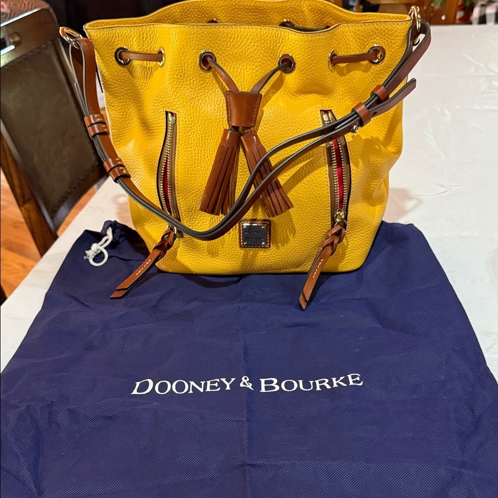 Dooney & Bourke Yellow Pebble Leather Drawstring Bucket Bag with Brown Trim
